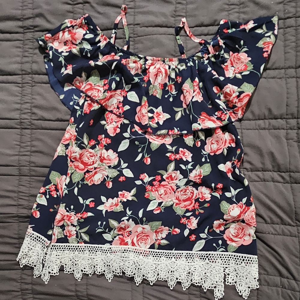No Boundaries Navy Floral Blouse with Lace Hem
